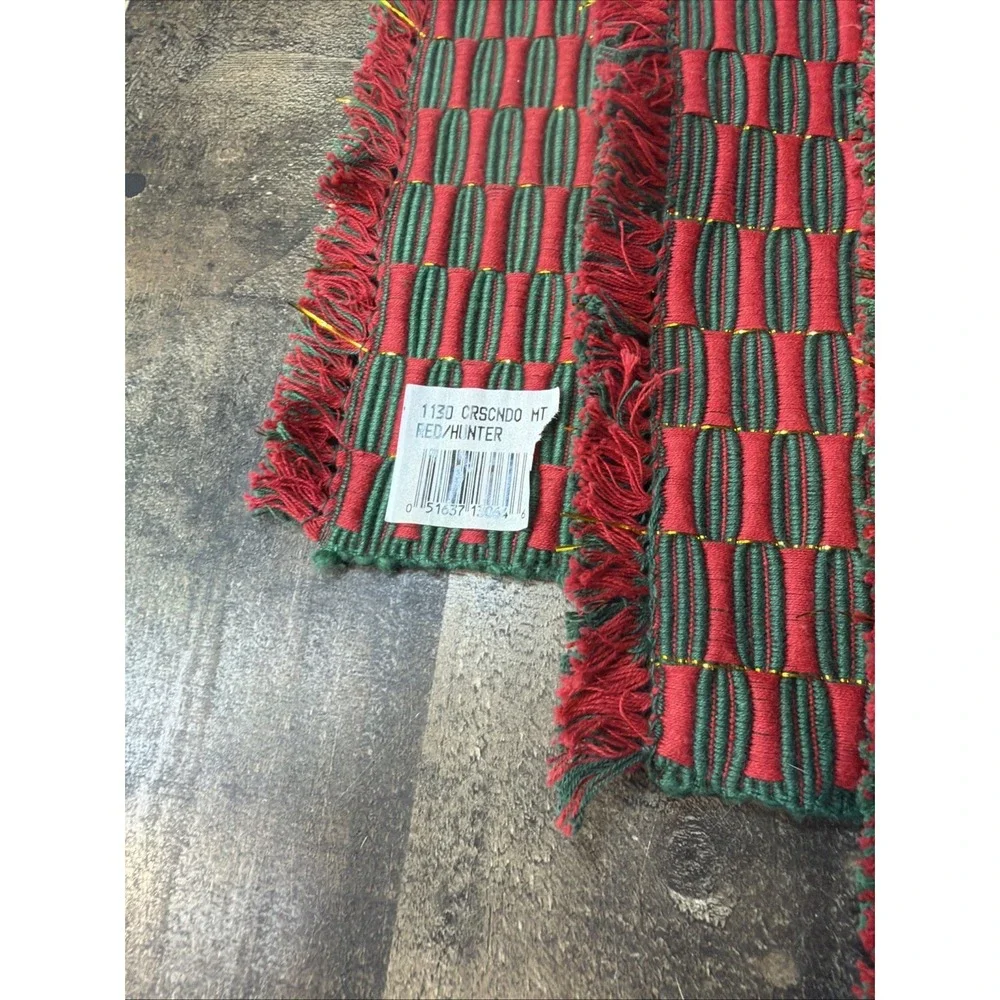 Vtg Handwoven Placemats Set of 5 Red Hunter Green Metallic Gold Illusion Fringe